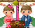 Pixel art of two figures in traditional attire standing behind a table with a flower arrangement, displayed across three