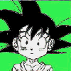 Anime character with spiky black hair and green background, static image with blue and white pixelated sections.