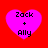Four identical pink heart-shaped icons with black text 'Zack + Ally' on a red background, arranged in a