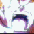 Animated sequence showing a stylized character with purple and white hair, transitioning from an open-mouthed expression to a dark silhouette against blue background.