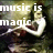 Pixelated image with white text "music is magic" overlaid on a blurred figure holding a guitar against dark background.