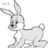 Pixelated grayscale bunny icon with long ears, black eyes, and a small tail on white background.