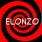 Four identical red and black spiral patterns arranged in a , each containing the text 'ELONZO' in white pixelated letters