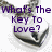 Pixelated purple text reads "What's The Key To Love?" over a grayscale abstract shape resembling a heart or curved form on white background.