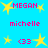 Pixelated blue background with yellow stars and pink text reading 'MEGAN', 'michelle', and '<33' in various positions.