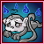 Pixelated animated buddy icon featuring a gray cartoon monkey with blue flame-like shapes above its head, displayed in two sequential frames showing slight animation changes.