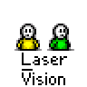 A 4x4 contact sheet of a pixel art animated icon showing two stick figures with yellow and green bodies, where the left figure emits red laser beams from its eyes toward the right figure across multiple frames.