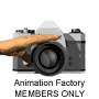 A grayscale camera icon with a hand pressing the shutter button, labeled "Animation Factory MEMBERS ONLY" below.