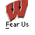 A contact sheet of two identical animated frames showing a red 3D 'W' logo with black accents and the text '_Fear Us' below it, alongside promotional text for badassbuddy.com on a gray background.
