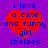 A static digital image with a purple background, red heart shape, and blue text reading "i love a cute and funny girl chelsea".