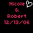 Pixelated text and symbols in pink and white on black background, showing 'Nicole & Robert 12/13/06' with a heart symbol next to Nicole.