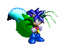 Pixelated character with blue and yellow spiky hair, red shirt, blue pants, green cape, and blue boots in four distinct poses against gray background.