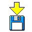 Four pixelated frames show a blue floppy disk with a yellow arrow above it, each frame depicting a different arrow position relative to the disk.