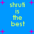 Blue background with yellow text reading 'shruti is the best' and scattered pink plus signs in a pixelated style.