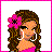 A 4x4 contact sheet of pixel art frames showing a cartoon woman with brown curly hair and pink flower, wearing pink bikini top and white bottoms, in various poses including full-body, torso-only, legs-only, and text panels.
