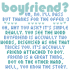 A 4-frame animated contact sheet showing a pixelated text-based icon with light blue and teal lettering on a gray background, repeating the phrase "boyfriend?" followed by explanatory text about its wordplay meaning.