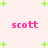 Pink text 'scott' appears four times on a light pink background with scattered green plus signs, some of which change position across frames.