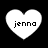Four white heart-shaped icons with the text 'jenna' in black pixelated font, arranged in a on a solid black background