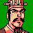 Pixel art portrait of a man with dark hair and mustache wearing a pinkish-red checkered shirt against solid green background, rendered in 8-bit style with visible dithering and blocky pixels.