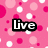 Pink background with white and pink polka dots, featuring three black-outlined text labels: Live, Laugh, Love.