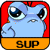 A 2x2 contact sheet of four animated frames showing a blue cartoon frog with large eyes against a red background, each frame containing an orange banner with partial text.
