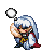Pixel art character with long white hair and red cape, shown in multiple poses with speech bubbles containing blank or black-and-white symbols.