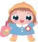 Pixel art cartoon girl in blue dress with flower brooch, yellow hat, pink bag holding tulip, winking in second frame.