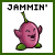 A 2x2 contact sheet of three animated frames showing a pink cartoon grape character with green stem and feet, each frame displaying different poses and expressions under the text 'JAMMIN'