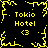 Yellow pixelated text and symbols on black background with four identical 'Tokio Hotel' text blocks and <3 symbols arranged in a with central starburst pattern