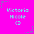 A bright pink background displays repeated text 'Victoria Nicole' with a heart symbol, surrounded by green and purple star-like shapes.