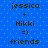 Blue background with green dots, displaying two identical pixelated text-based icons side-by-side showing 'jessica + Nikki =) friends' in dark green font.