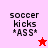 Pixelated text "soccer kicks *ASS*" on a split background with pink and red sections, featuring a red star and white star icon.
