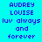 Pixelated text on cyan background with alternating pink highlights across multiple lines of 'AUDREY LOUISE luv always and forever' in blue font.