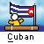 Pixel art of a figure in yellow clothing holding a Cuban flag on a brown platform with blue background and gray text reading 'Cuban'.