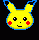 Pixelated yellow Pikachu head with red cheeks, black eyes, and blue outline on black background; expressions shift from neutral to winking to smiling across frames.