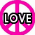 A static image with four quadrants: top-left pink peace symbol with 'LOVE', top-right rainbow background with 'LIVE', bottom-left multicolored abstract with 'LIFE', bottom-right empty gray.
