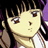Pixelated anime-style character face with spiky black hair, brown eyes, and a neutral expression against dark background.