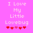 Pixelated text 'I Love My Little Lovebug' on pink background with red hearts below, two variations of heart colors.