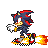 Pixel art animation of a blue hedgehog with red accents running on checkered ground, emitting orange-yellow flames from its feet.