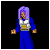 Pixelated character in blue outfit with white chest armor and gold belt, transitioning from purple hair to spiky yellow hair across frames.