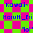 Pixelated text elements on a checkered background with alternating bright green and pink squares.