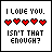 A contact sheet of 10 animated frames showing a pixel art icon with text "I LOVE YOU. ISN'T THAT ENOUGH?" and five red hearts, where the 'LOVE' portion alternates between black and red across frames.