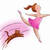 Animated icon of a female dancer in a pink leotard performing a high kick with flowing hair and pink motion trails.