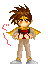 Pixel art character with brown spiky hair, red eyes, and a red-and-black chest piece, shown in six sequential poses with pink text and effects.