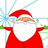 Pixelated Santa Claus figure in red suit with white trim, white beard, and red hat, holding a blue snowflake-like object against a white background.