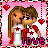 Pixel art contact sheet showing two frames of an animated icon featuring a cartoon couple with brown hair kissing, red hearts floating around them, and pink text reading LOVE at the bottom against a pink striped background.