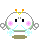 Four pixel-art character states with white rounded heads, orange-yellow antennae, black eyes, pink cheek marks, and green bases on a gray background.