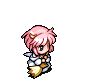 Pixel art character with pink hair and white wings holding a broom, shown in multiple poses including flying with stars.