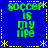 Blue background with yellow dotted border and star corners, green text "soccer is my life" repeated in four quadrants.
