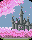 Pixelated castle with pink cherry blossoms and falling petals against a blue sky background.